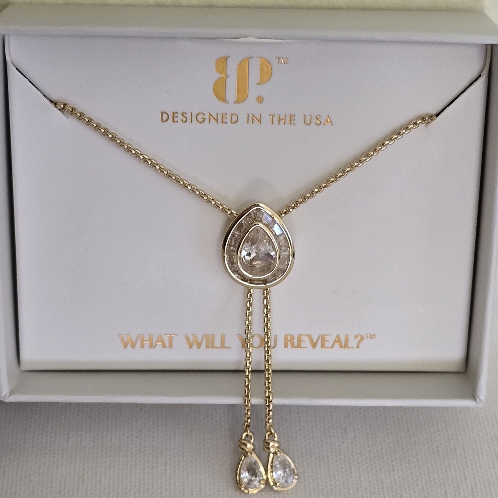 Designed in the USA Gold Teardrop Lariat Necklace with Clear Stones